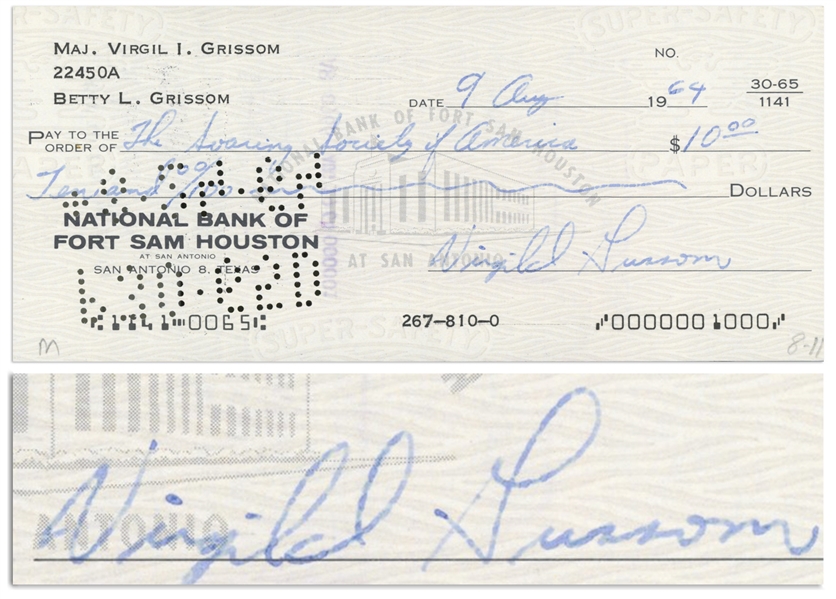 Gus Grissom Holograph Check Signed -- Paid to The Soaring Society of America